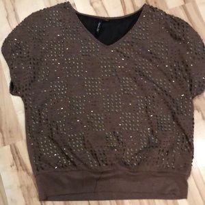 Aryn K top. Brown with Metallic sequence.